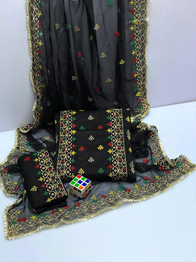 Black Embroidered Cotton Suit for Women with Gold Red Green Dupatta image 1 PanguDeals Pakistan