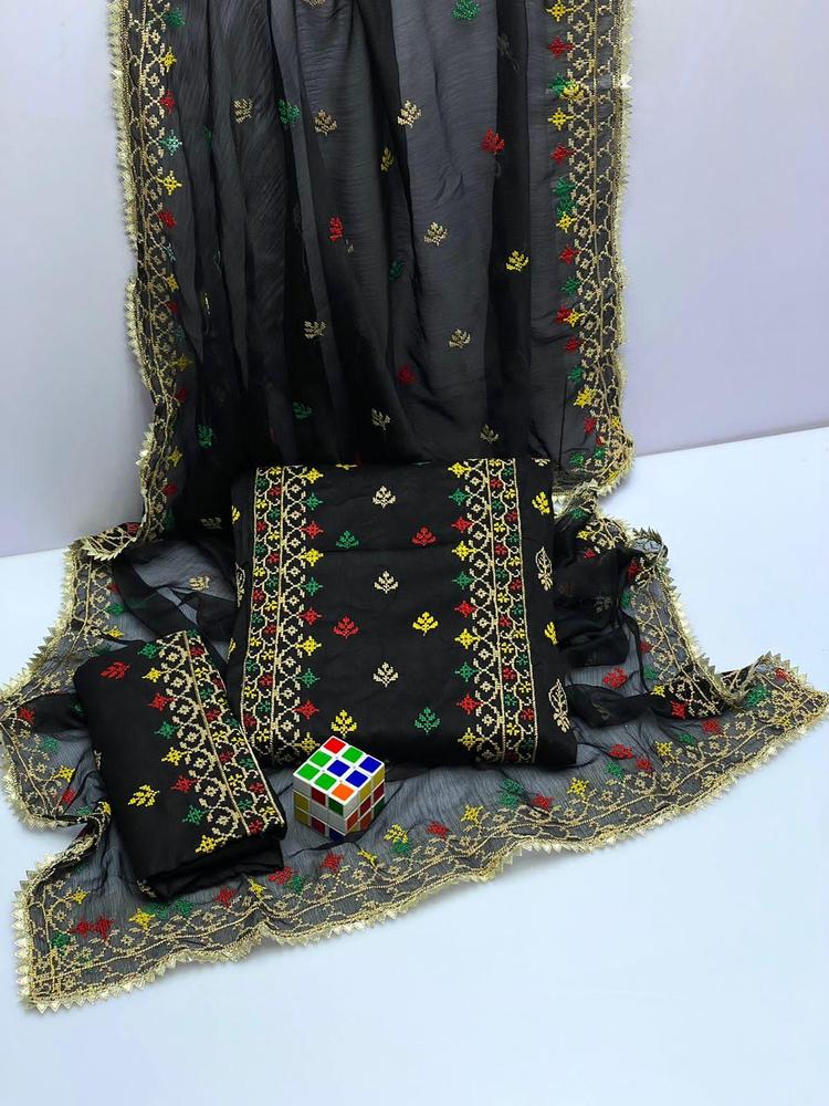Black Embroidered Cotton Suit for Women with Gold Red Green Dupatta image 1 PanguDeals Pakistan