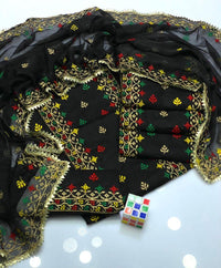 Black Embroidered Cotton Suit for Women with Gold Red Green Dupatta image 2 PanguDeals Pakistan